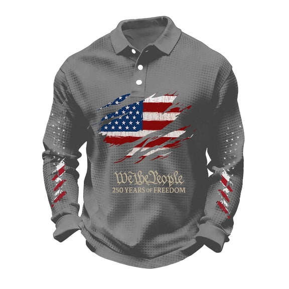 Iaqnaocc 250th Anniversary Usa Polo Shirts for Men Vintage 250 Anniversary Usa Shirt Long Sleeve 4th of July Button lapel Anniversary Fall Spring Independence Day 250 Anniversary Shirt Gray 5XL