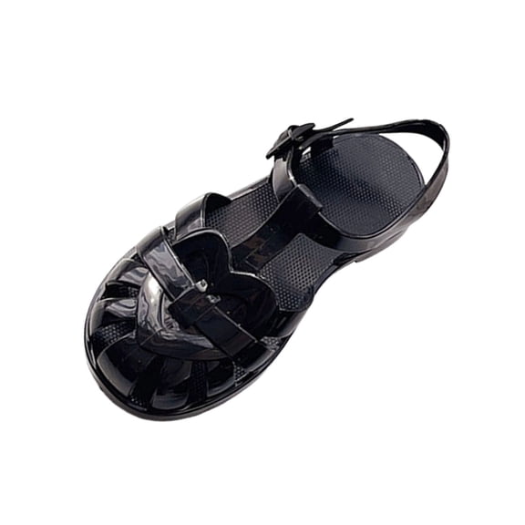 Owordtank Jelly Sandals Adjustable Buckle T-Strap Round Toe Slingback Bling Flats Summer Fisherman's Sandal Glitter Rain Shoes