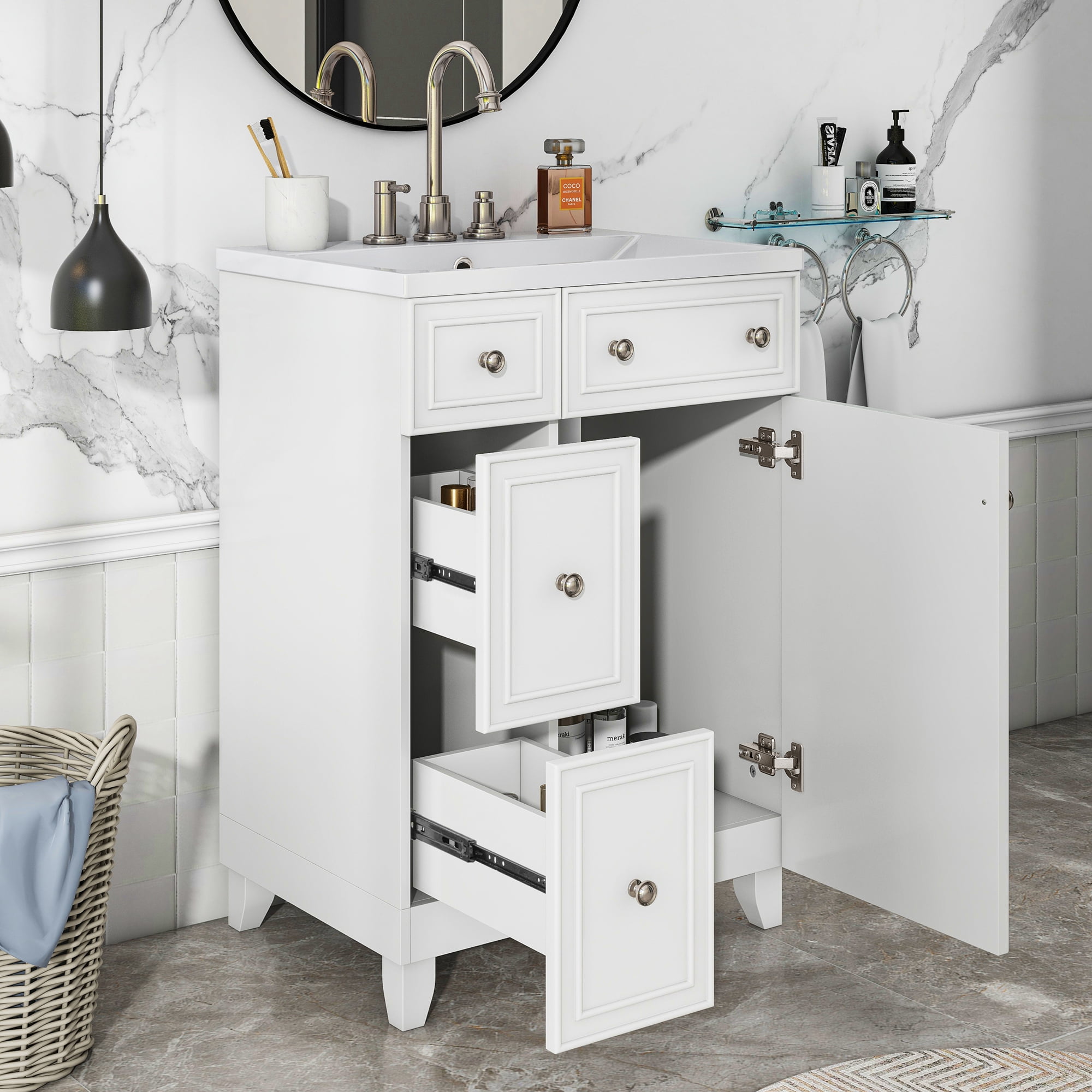 Harper & Bright Designs 24" Bathroom Vanity Sink Combo for Small Space, White Bathroom Vanity Cabinet with 2 Storage Drawers and Door
