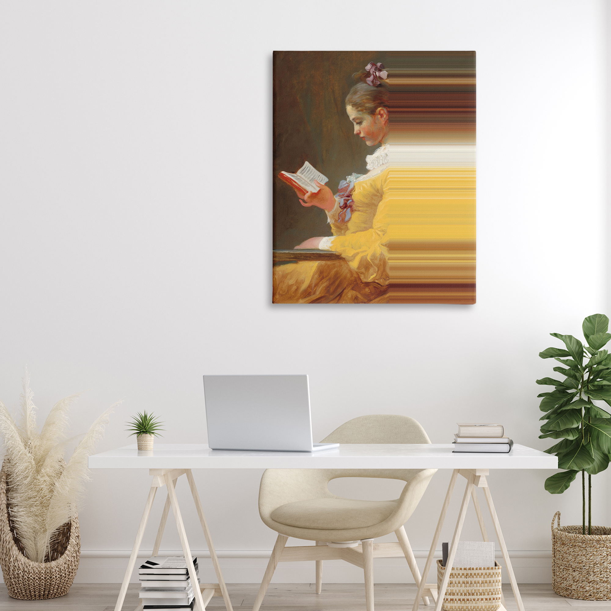 Vintage Lady Reading with Gradient Streaks Canvas Wall Art, design by Seven Trees Design