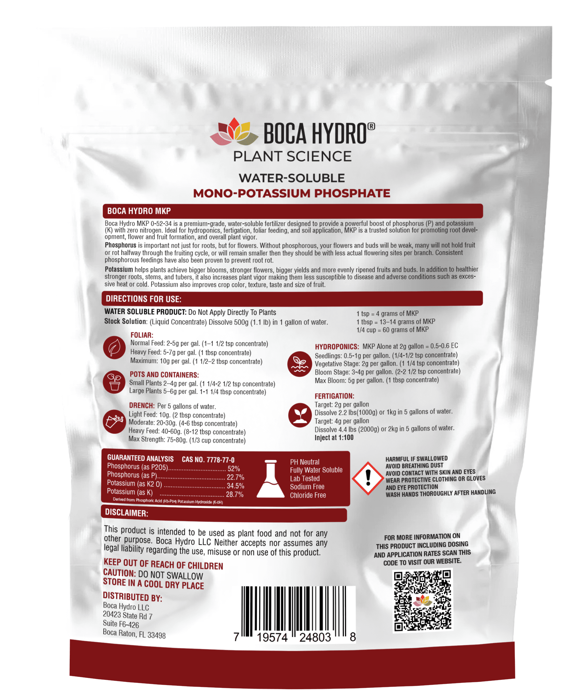 Boca Hydro MKP Mono-Potassium Phosphate 0-52-34 Water Soluble Plant Food Flowering Enhancer Bloom Booster and Root Builder for All Plants, Vegetables, Flowers, Trees and Lawns.