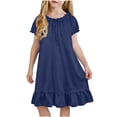 thumbnail image 2 of SGFCWSX Girls Casual Dress Short Sleeve Satin Bow Ruffle Hem Loose Fit Summer Dress Navy Size 6-7 Years, 2 of 9