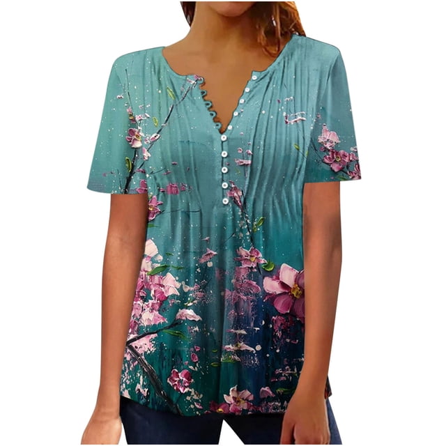 XMMSWDLA Blouses Décontractées à Manches Courtes d'Été pour Femmes, Coupe Ample, Bleu Printemps 2024