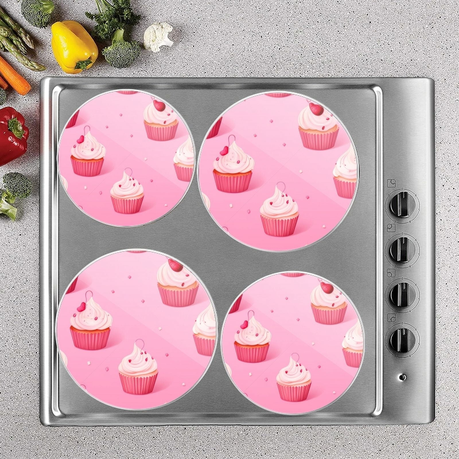 Bahomeck Gas Stove Burner Cover Set Of 4,Pink Cupcakes In Pink Background Metal Electric Stove Burner Covers,Protecting Gas Stoves,Kitchen Decor，8 Inch And 10 Inch