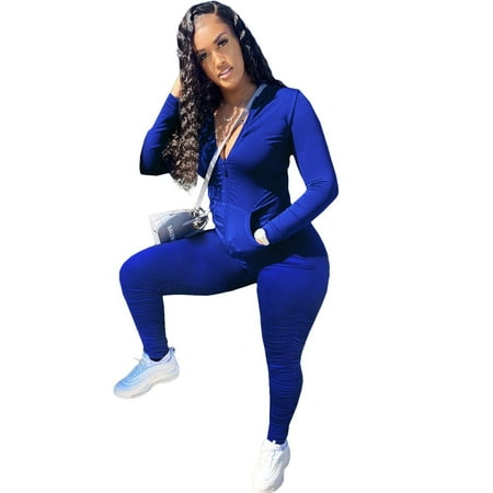 

Dadaria 2 Piece Outfits for Women Pants Sets Casual Solid Color Sets Zipper Hood Wear Lounge Wear Suit Sport Set Tops+Pants Blue M Female