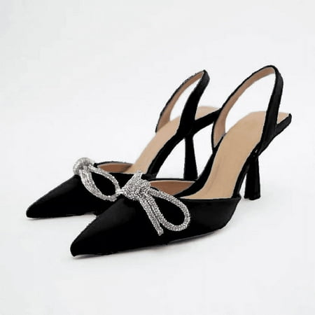 

Women s Double Bow Pointed Toe Ankle Strap Crystal Pumps Wedding Bridal Party Stilettos Backless Satin Heeled Sandals