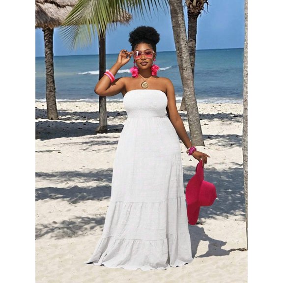 White Strapless Tiered Maxi Dress For Women Casual Summer Vacation Long Flowy Plus Size