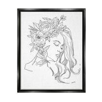 Stupell Industries Woman Face Detailed Blossoming Flowers Line Drawing Graphic Art Jet Black Floating Framed Canvas Print Wall Art, Design by Ziwei Li