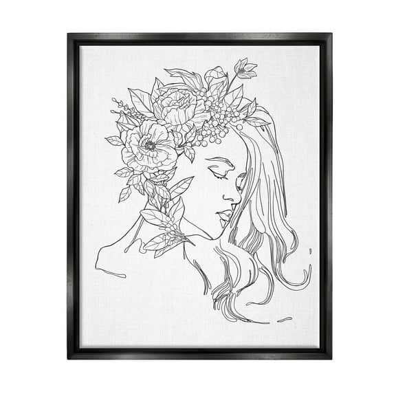 Stupell Industries Woman Face Detailed Blossoming Flowers Line Drawing Graphic Art Jet Black Floating Framed Canvas Print Wall Art, Design by Ziwei Li