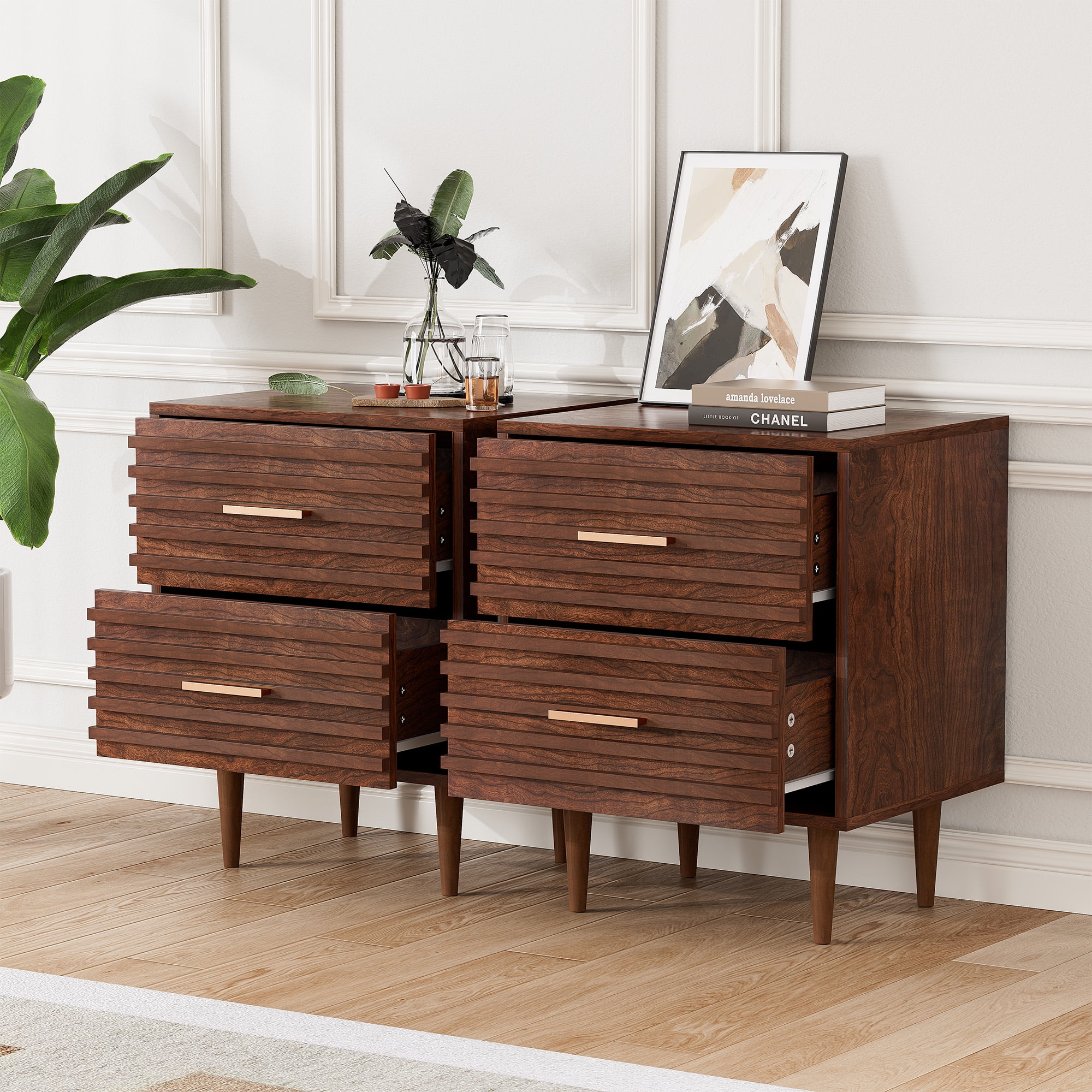 Alohappy Nightstands Set of 2, Mid Century Modern End Table with 2 Drawers, Vintage Wood Accent Side-Table for Living Room, Adult's Bedroom (Rustic Brown)