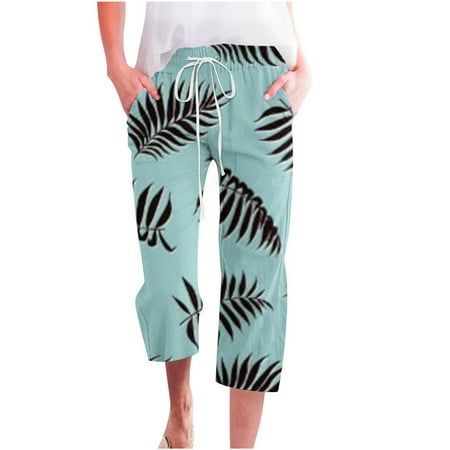 Linen Pants Women Summer Plus Size Active wear Printing Gradient Cargo Pants Mid Rise Softy Loose Fit Capri Pant Casual Lightweight Drawstring Fashion Daily Womens Pants With Pocket(Green,2XL)