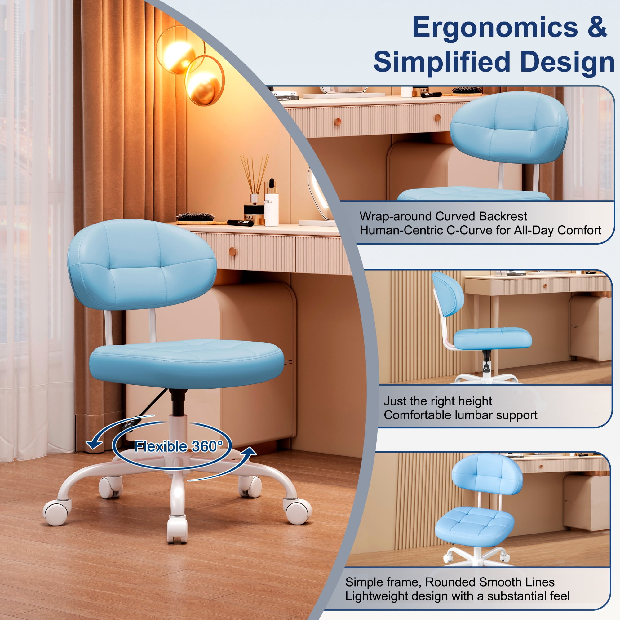 Misolant Vanity Chair with back, Small Armless Cute office Chair with wheels and Lumbar support, Comfy PU Leather Desk Computer Chairs with Adjustable Height, 360°Swivel for Home Bedroom Office