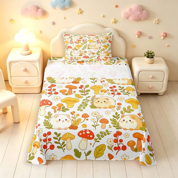 Homewish Cute Botanical Mushrooms Twin Sheets,Kawaii Guinea Pig Animals Bedding,White,3pcs,1 Flat Sheet,1 Fitted Sheet and 1 Pillowcase