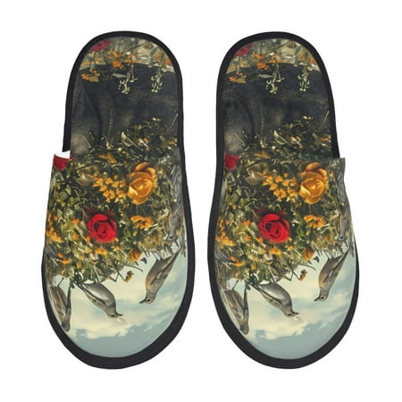 Balery Floral Rhino With Birds Slient Indoor Furry Fleece Comfort House Shoes Soft Non-Slip Home Shoes Cotton slippers House Slippers-- Large
