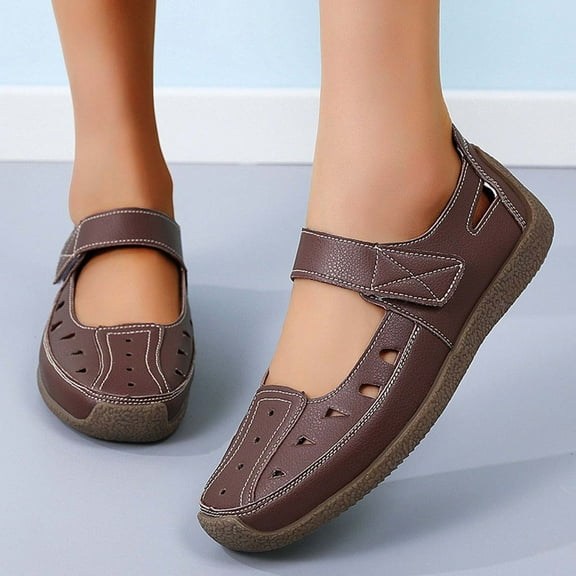 Sandals for Women Flat Closed Toe Slip On Hook and Loop Single Shoes Summer Dressy Fashion Faux Leather Casual Shoes Coffee Women Sandal