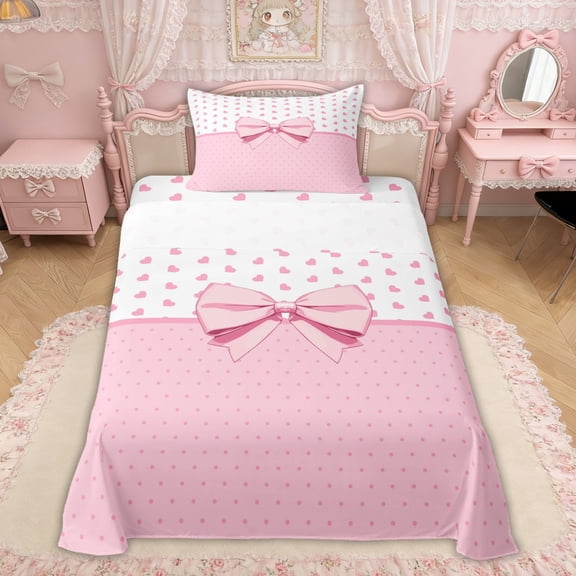 Erosebridal Pink Princess Bow Twin Sheet Sets, Polka Dot Love Heart Bedding for Girls Kids Teens, 3pcs