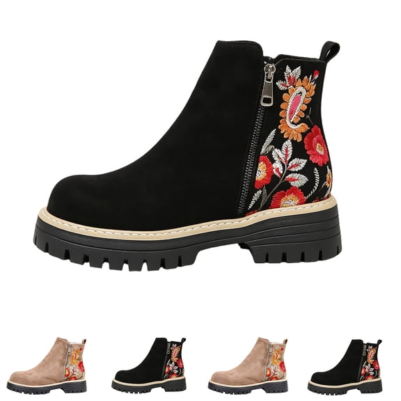 Willtoo Womens Floral Embroidered Faux Suede Platform Ankle Boots Fall Winter Side Zipper Chunky Sole Retro Chelsea Booties Non-Slip Comfort Fashion Short Boot