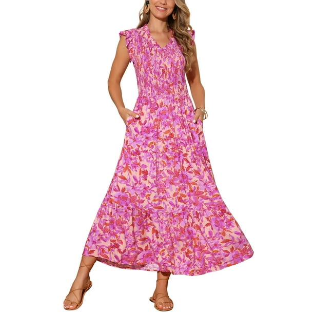 INSPIRAR CHIC Vestidos de Verano para Mujeres Casual con Mangas Cortas en V Cuello Fruncido Floral con Volantes en Capas Fluidos Vestido Maxi de Playa L Rosa Fucsia