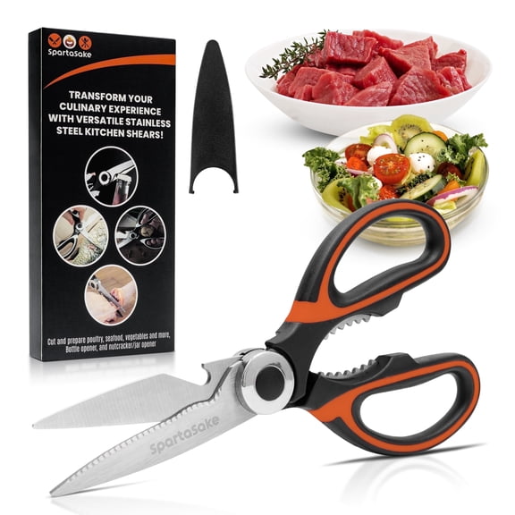 SpartaSake Premium Stainless Steel Kitchen Shears Sleeve Heavy Duty Food Scissors (Black/Orange)