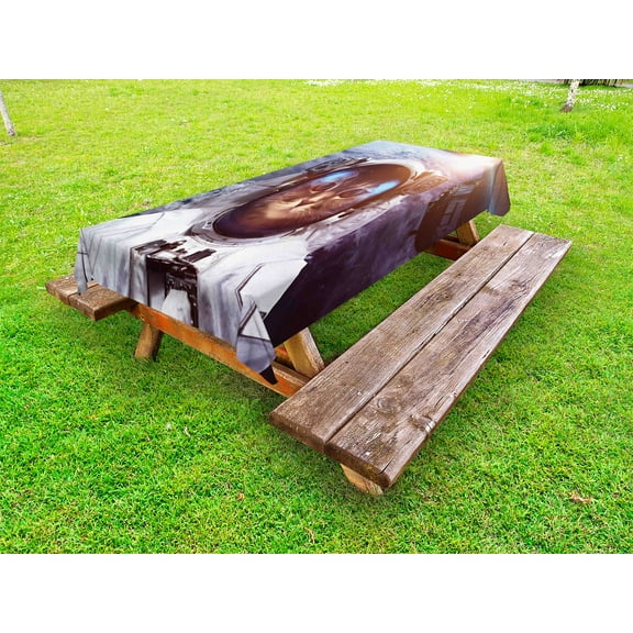 Space Cat Outdoor Tablecloth, Astrounaut Cosmonaut Cat in Suit with Space Satellite Eclipse Image, Decorative Washable Fabric Picnic Table Cloth, 58 X 84 Inches,Blue Grey and White, by Ambesonne