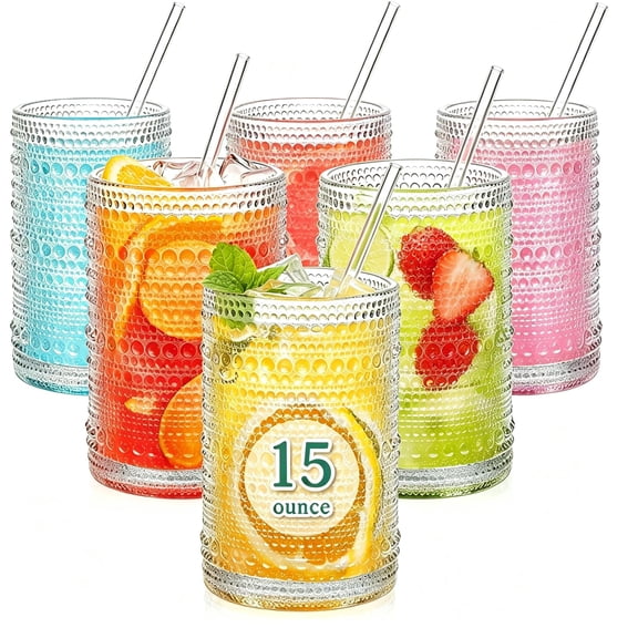Hobnail Drinking Glasses with Straws 15oz Vintage Glassware Set of 6 Embossed Vintage Water Cups, Highball Glasses for Cocktail,Whiskey,Beer and Juic