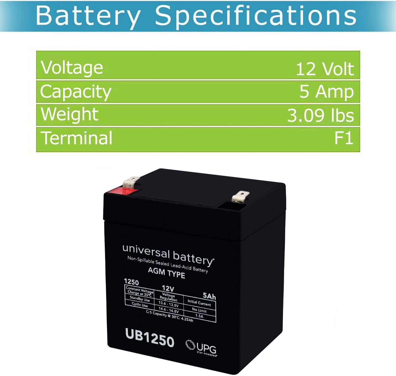 Universal UB1250 D5741 SLA Battery 12V/ 5AH .187 Tt