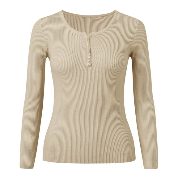Aayomet Shirts For Women Trendy Women's Henley Shirts Long Sleeve Button Down Tunic Tops Scoop Neck Ribbed Knit Slim Fitted Casual Tops Blouses,Beige L