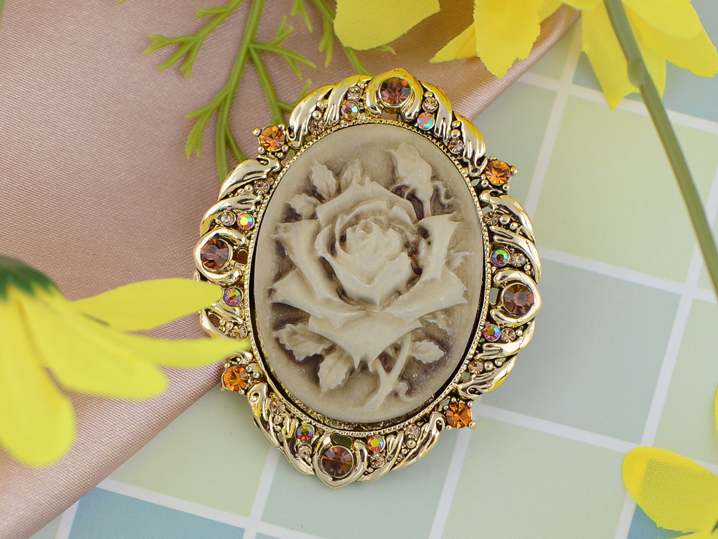 Vintage Inspired Antique Blue Green Rose Crystal Flower Cameo Pin