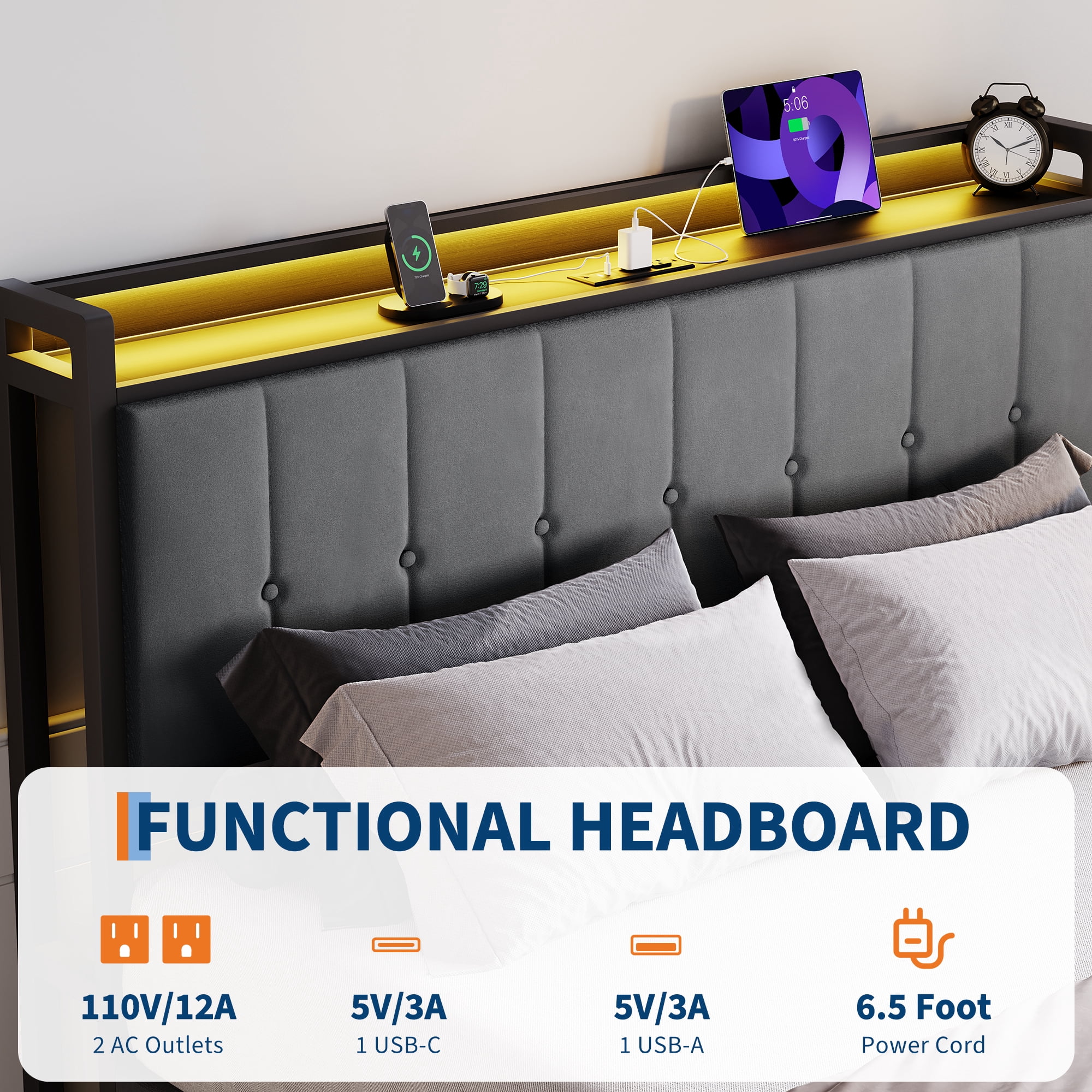 Queen Size Lift Up Storage Bed Frame,Upholstered Platform Bed with Storage Headboard,Hydrualic Underneath Storage,Charging StationNo Box Spring Needed,Easy Assembly