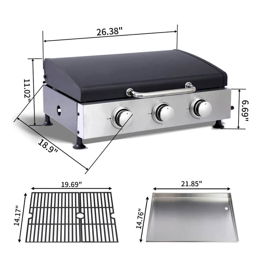 Spaco 3 Burner Gas Grill, Outdoor Cooking Barbecue Grill, Stainless Steel Grill for Outdoor as Patio, Deck, Backyard, Silver+Black