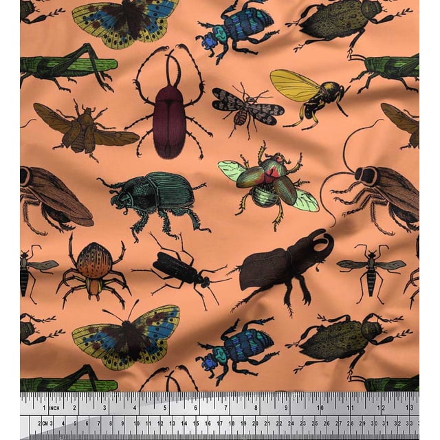 Soimoi Orange Modal Satin Fabric Beetle & Honey Bee Insects Print Fabric by Yard 42 Inch Wide
