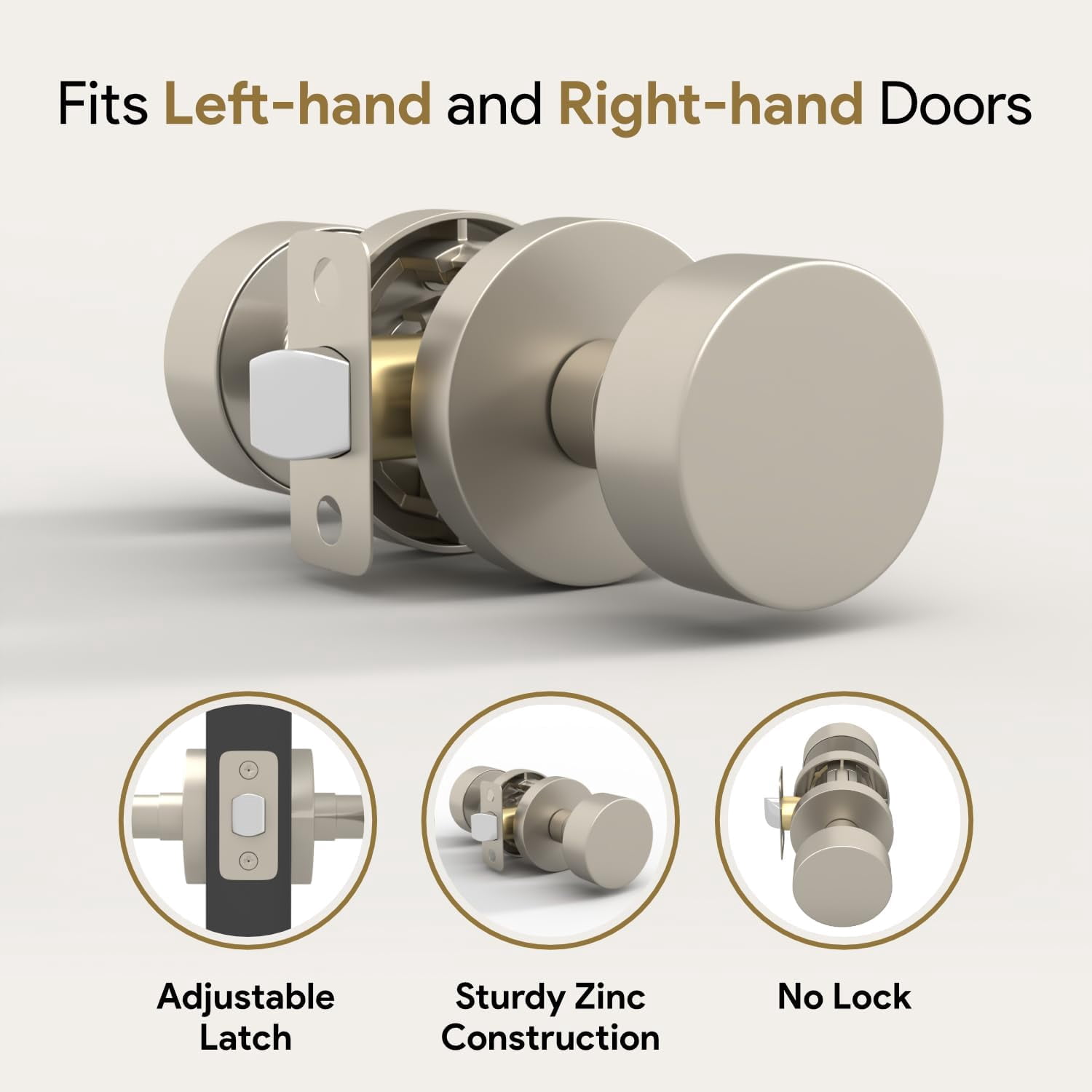 Mega Handles Buena Passage Door Knob | Reversible Heavy Duty Design for Hallway, Closet, Bathroom | Satin Nickel