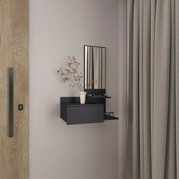 Vienna 23.6 Wide 3-Tier Shelf Floating Mirror Console Table, Full Extension Drawer Black