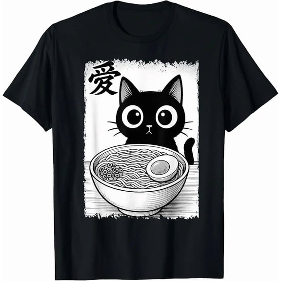 children’s wear Adorable Love Ai Kanji Black Cat Ramen Noodle Graphic T-Shirt for Boys and Girls