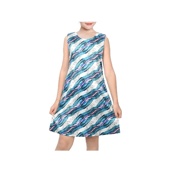 Sunny Fashion Girls Sleeveless A-Line Dress Satin Blue Wave Print Knee Length Casual Beach Party Summer Holiday 7 Years