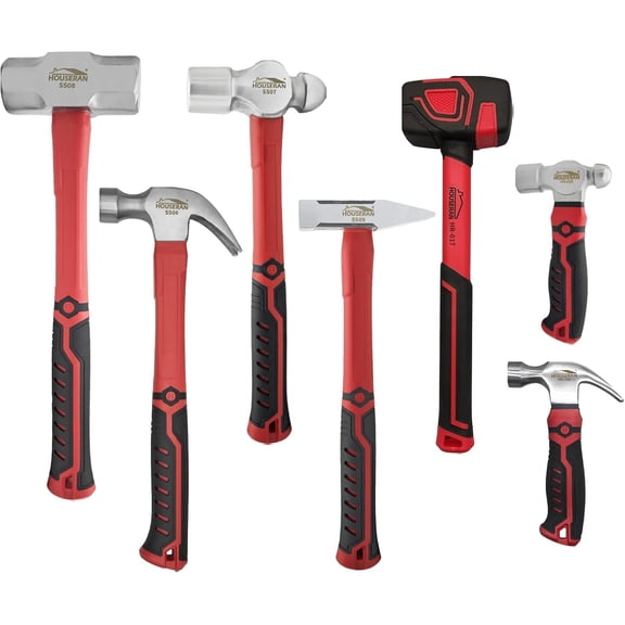 HOUSERAN 7Pcs Hammer Set, 16 & 12oz Claw, 13oz & 2lb Ball Peen, 3lb Sledge, Engineer & Rubber Mallet
