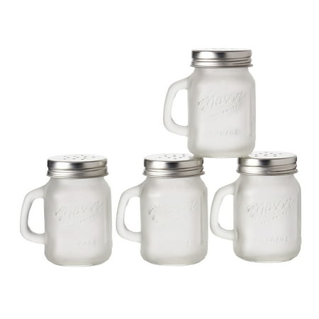 Round Salt And Pepper Set (Mason Craft and More, 4 Ounce Round Glass Salt and Pepper with Handle and Silver Metal Lid, Frosted Clear, Set of)