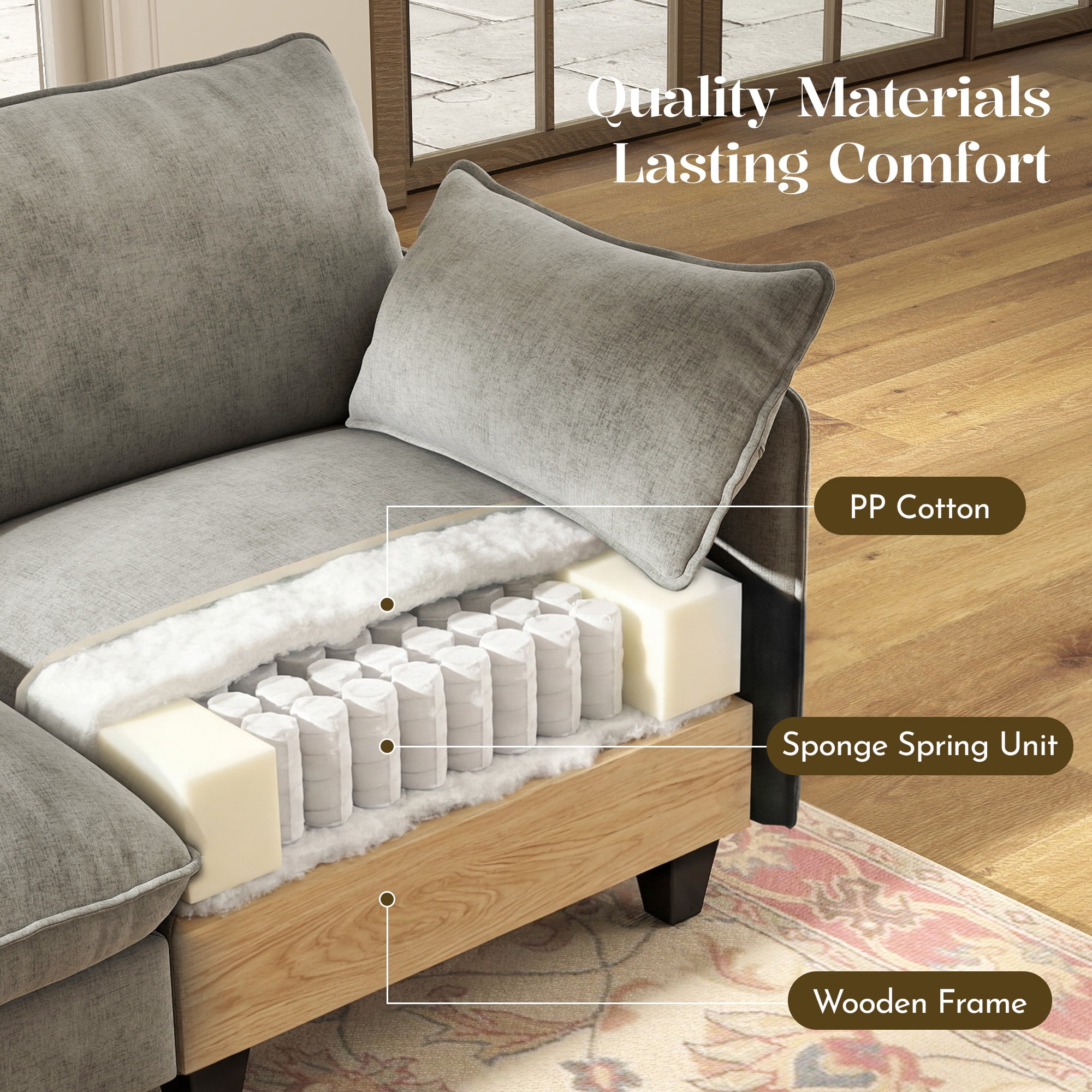 BedLuxury 138" Modular Sectional Sofa with Movable Ottoman,U shaped Deep Seat Cloud Couch for the Living Room, 4-Seat,Grey