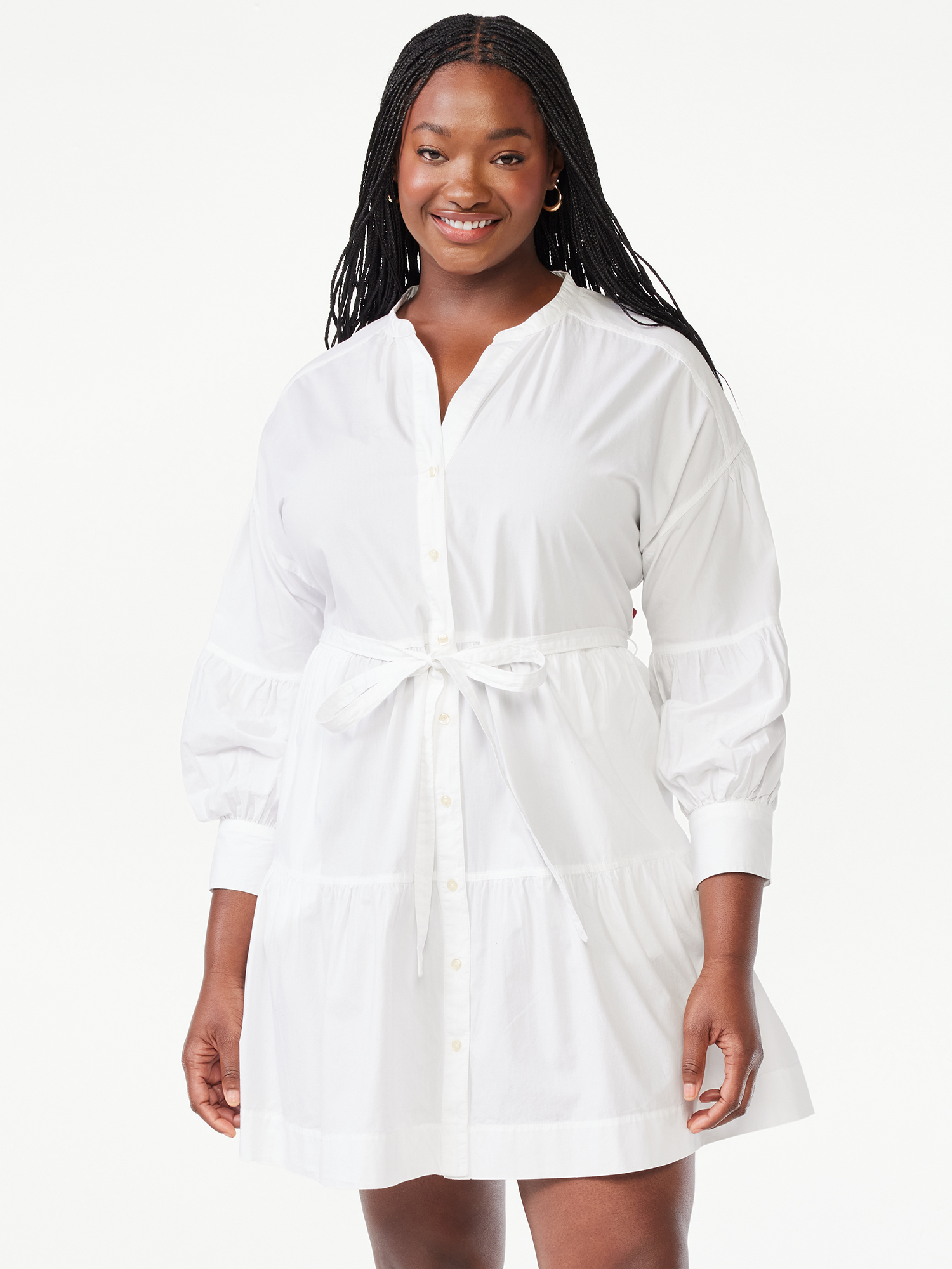 Free Assembly Women's Tiered Mini Shirt Dress with Long Sleeves, Sizes XS-XXL