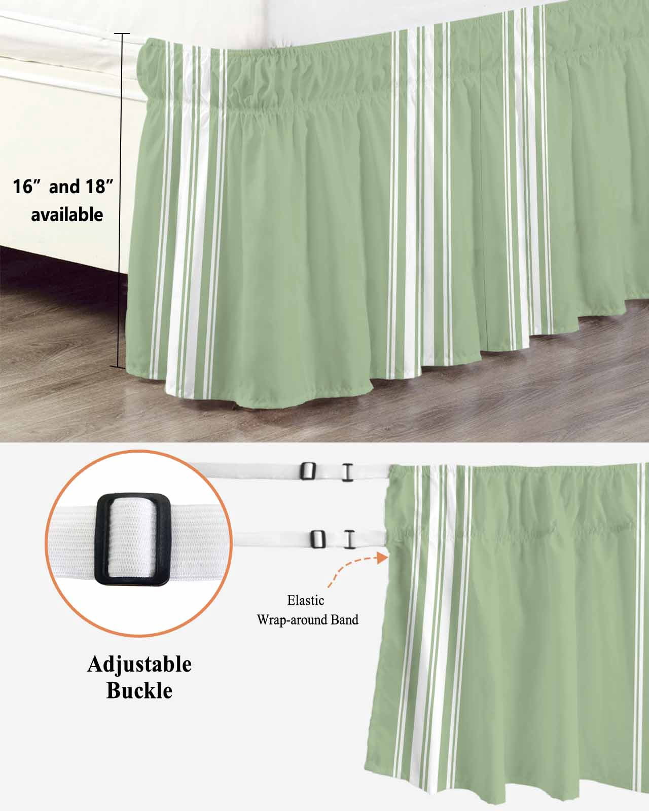 Sage Green Bed Skirt King Size 18" Drop White Striped Ruffled Wrap Around Bed Skirts Adjustable Elastic Bedskirt Dust Ruffle for King Size Bed
