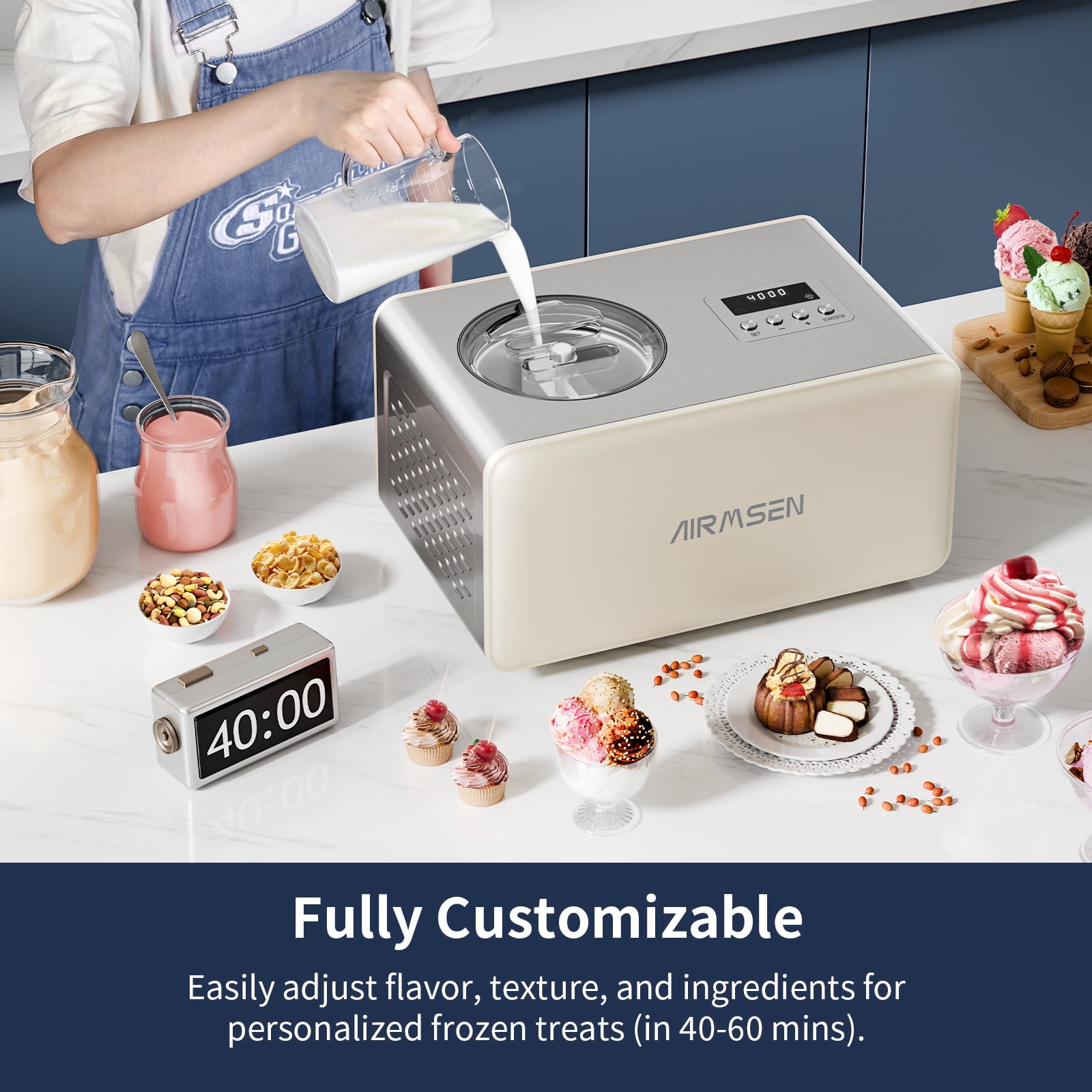 AIRMSEN 2.1 Qt Ice Cream Maker, No Pre-Freezing Electric Ice Cream Machine with Compressor and LCD Timer for Gelato, Frozen Yogurt, Sorbet, White