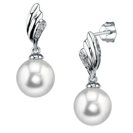 - 18K Gold 9mm White South Sea Cultured Pearl & Diamond Lily Earrings