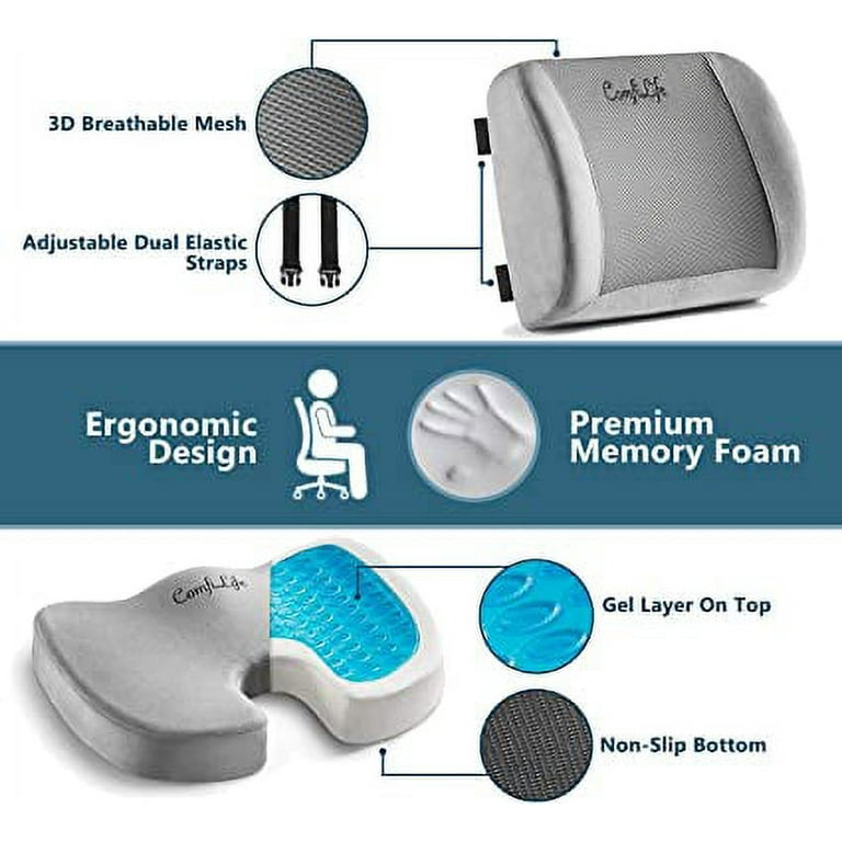ComfiLife Lumbar Support Back Pillow Office Chair and Car Seat Cushion -  Memory Foam with Adjustable Strap and Breathable 3D Mesh (Gray)