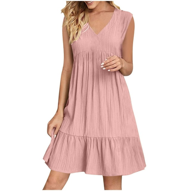 Kyusrd Robes d'Été Sans Manches pour Femmes 2025 Robe Chemise Mini Col en V Décontractée Taille Haute Plissée Boho à Volants Ligne A Robes d'Été