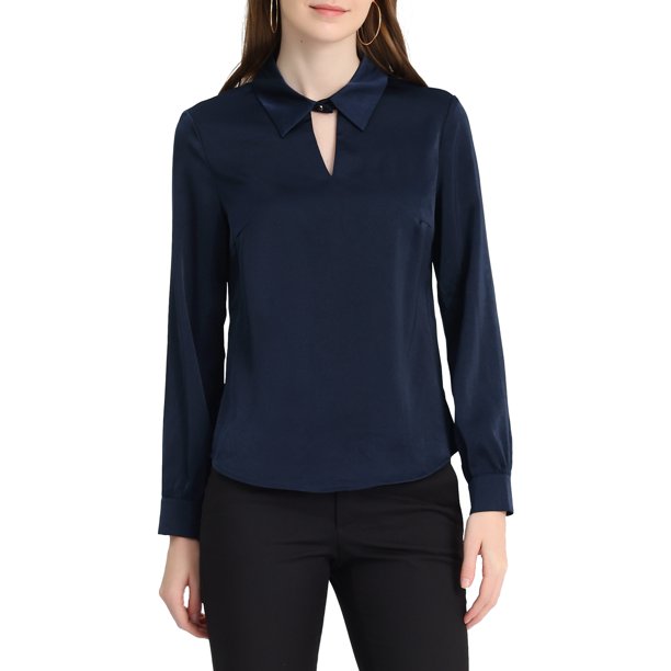 INSPIRAR CHIC Blusa de Satén para Mujeres de Manga Larga Elegante con Cuello en V para Trabajo Oficina S Azul Marino