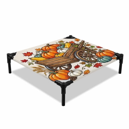 Fall Pumpkins Elevated Dog Bed Vintage Rustic Harvest Farm Maple Leaf Pinecones Cooling Breathable Outdoor Raised Dog Cot Bed with Metal Frame Non-Slip Feet for Small Dog 20x20in