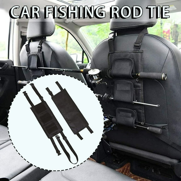 Fishing Rod Organizer Straps for Car Back Seat | Fish Pole Holder Carrier | 2 Pack Adjustable Interior Tie Strap | Fits 3 Rods | Easy Install Storage Accessory | Black Webbing Cloth 18cm x 38cm