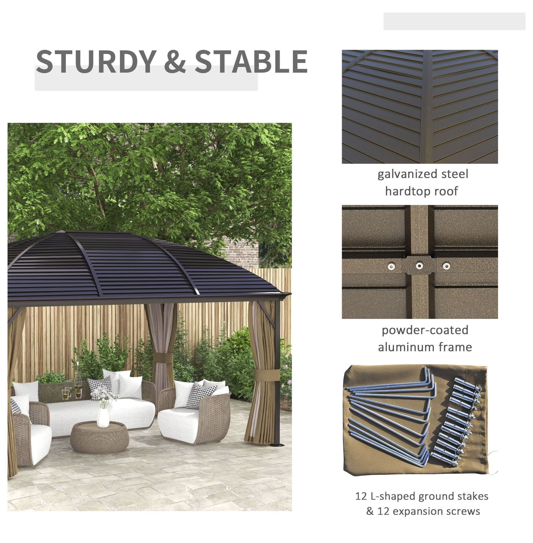 10'x14' Hardtop Gazebo with Curtains & Netting - Steel Roof Patio Pavilion - Brown
