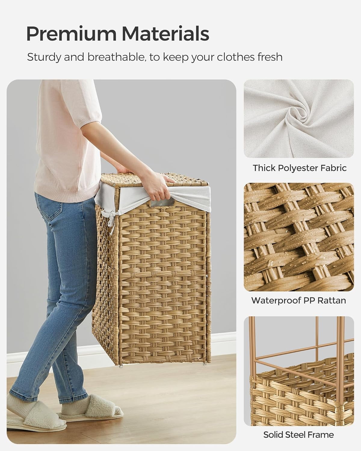 Laundry Hamper with Lid, 37 Gallons Rolling Laundry Basket with Wheels, 3-Section Synthetic Rattan Bedroom, 26 x 13 x 26 Inches, Natural