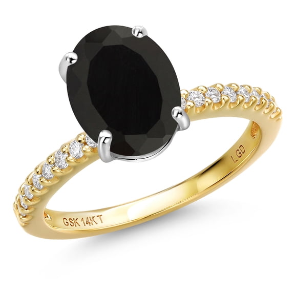 Gem Stone King 14K Two Tone Gold Black Onyx and Lab Grown Diamond Engagement Ring for Women | 2.66 Cttw | Oval 10X8MM | Gemstone December Birthstone | Size 9